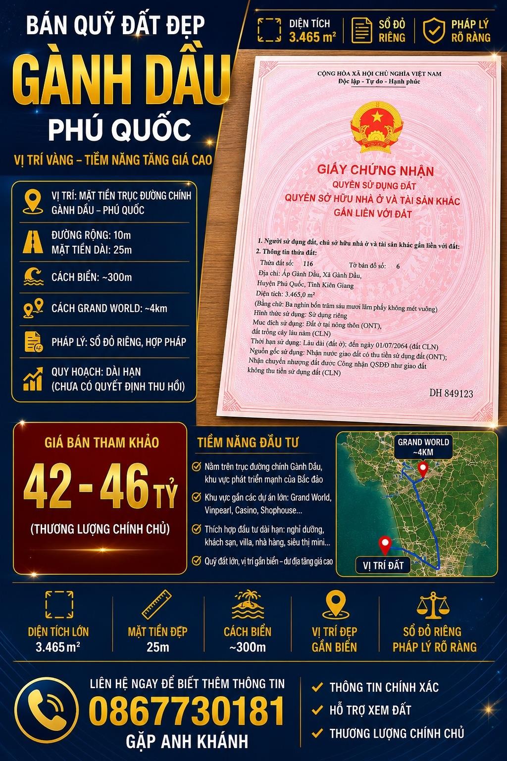 Chuyển nhượng nhà mặt tiền 3464 m2, hướng Nam tại Xã Gành Dầu - Phú Quốc - Kiên Giang, thỏa thuận