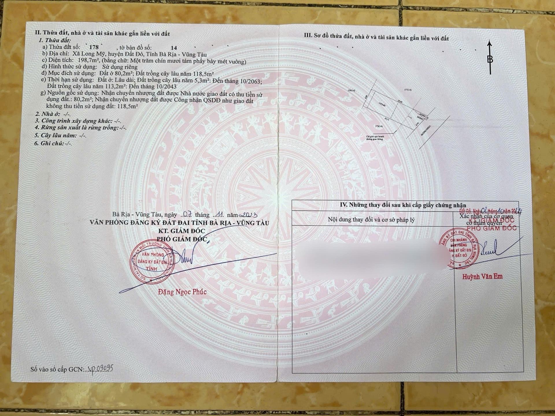 Bán nhanh nền đất 198 m2, hướng Đông-Nam tại Long Mỹ - Đất Đỏ - Bà Rịa Vũng Tàu, giá 1,48 tỷ