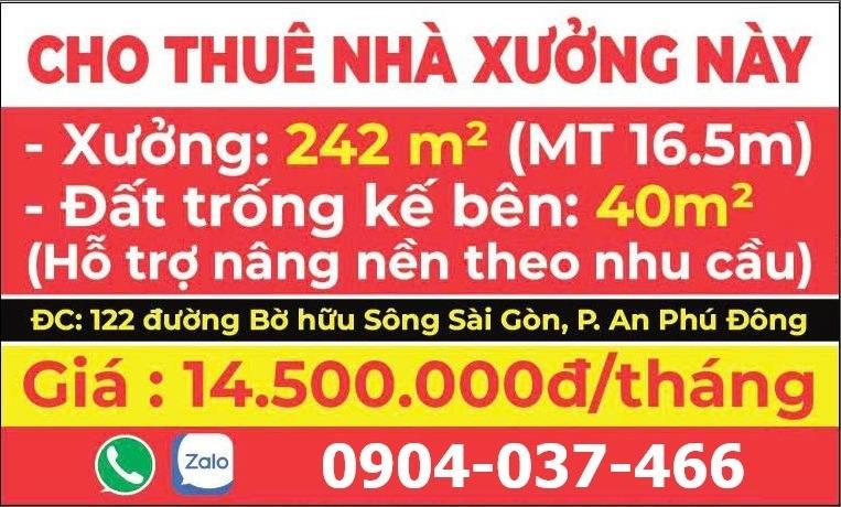 Nhà xưởng cho thuê 282m2, Mặt tiền đường bờ hữu sông sài gòn, Giá  14,5 triệu/tháng.