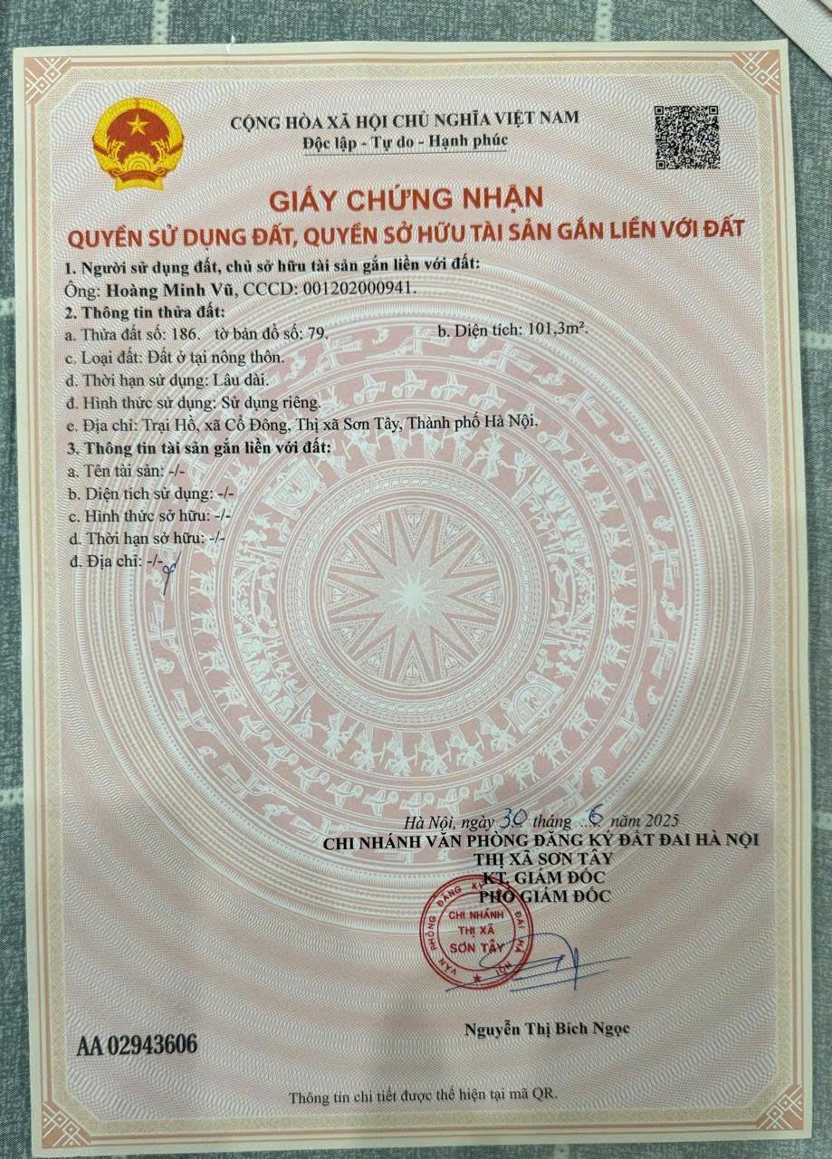 Cần bán gấp lô đất 101 m2, hướng Tây-Bắc tại Xã Cổ Đông - Sơn Tây - Hà Nội, giá 3,7 tỷ