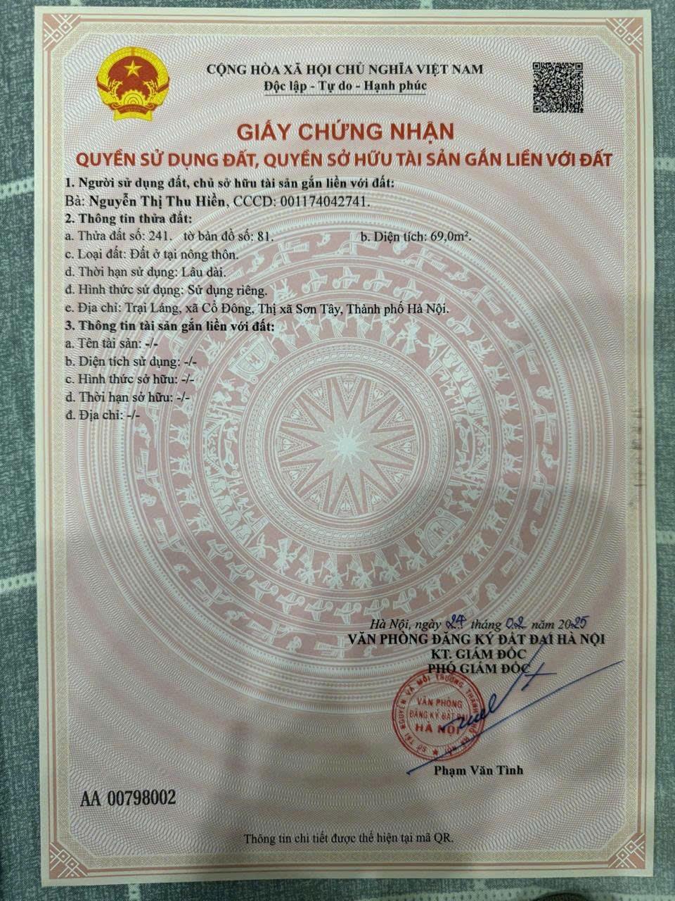 Cần bán nhanh mảnh đất 69 m2, hướng Tây-Nam tại Xã Cổ Đông - Sơn Tây - Hà Nội, giá 2,8 tỷ