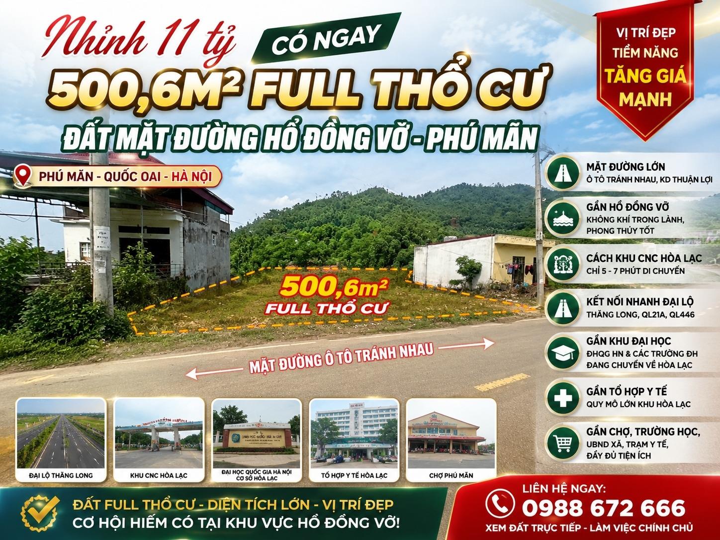 Cần bán nhanh mảnh đất 500 m2 tại Xã Phú Mãn - Quốc Oai - Hà Nội, giá 11,51 tỷ