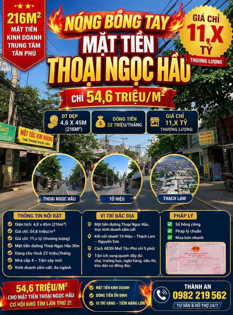 Sở hữu ngay nhà mặt phố đẹp 216 m2 tại Phố Thạch Lam - Phú Thạnh - Tân Phú, giá 11 tỷ