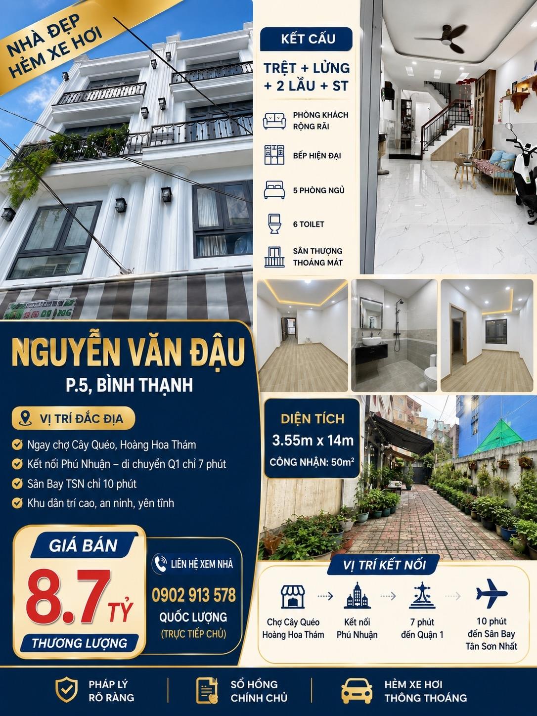 Bán gấp căn nhà đẹp 50 m2, hướng Đông-Bắc tại Đường Nguyễn Văn Đậu - 5 - Bình Thạnh, giá 8,7 tỷ
