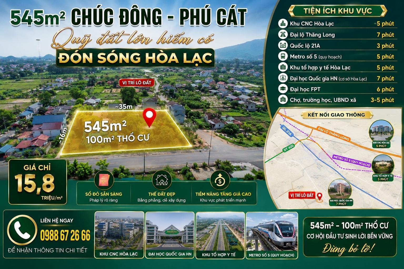 Bán đất 545 m2 tại Xã Phú Cát - Quốc Oai - Hà Nội, giá 8,61 tỷ