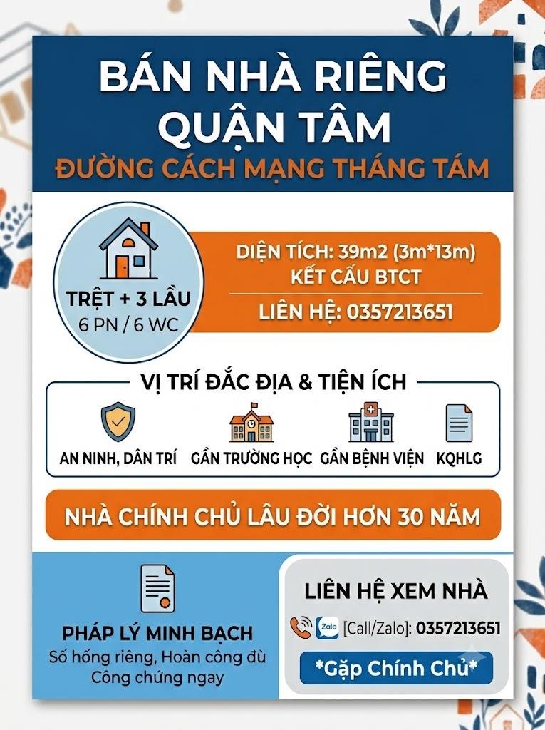 Cần bán căn nhà 39 m2 tại Đường Cách Mạng Tháng Tám - 13 - Quận 10 - TP Hồ Chí Minh, giá 6,05 tỷ