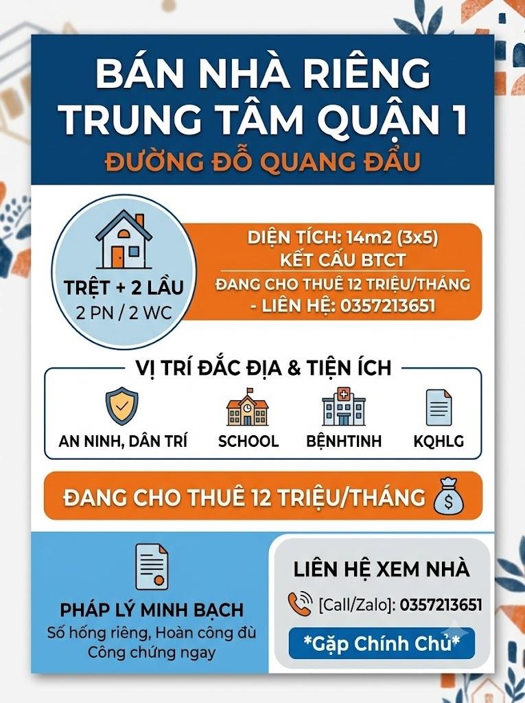 Cần bán nhà sổ riêng 14 m2 tại Đường Đỗ Quang Đẩu - Bến Thành - Quận 1, giá 3,28 tỷ