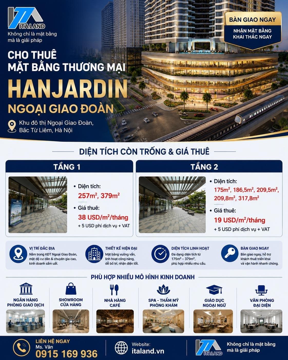 Cho Thuê Mặt bằng thương mại Han Jardin Ngoại Giao Đoàn - Diện tích 175m2 - 379m2