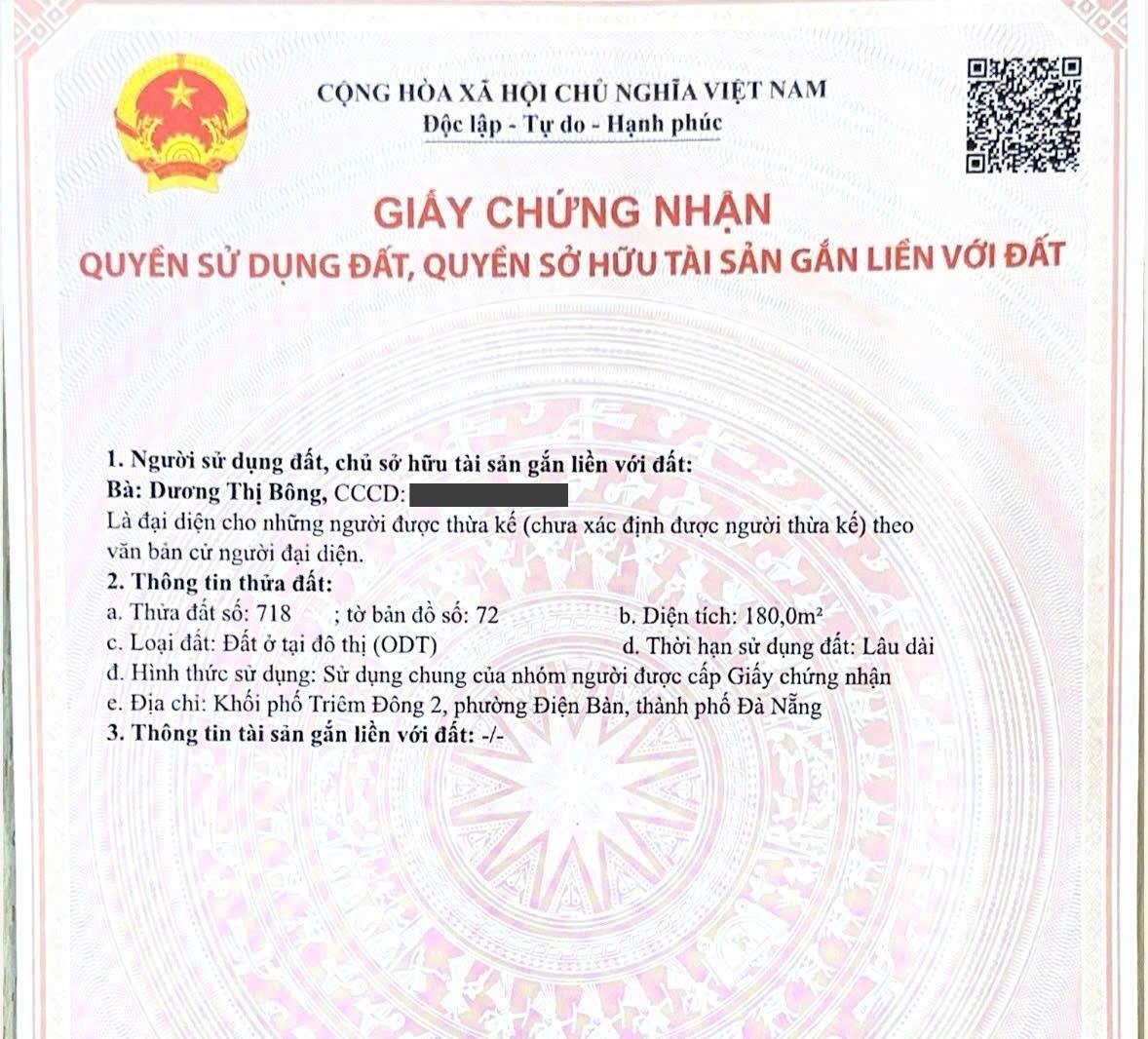 Bán nhanh lô đất nền 180 m2 tại Xã Điện Dương - Điện Bàn - Quảng Nam, giá 2,5 tỷ