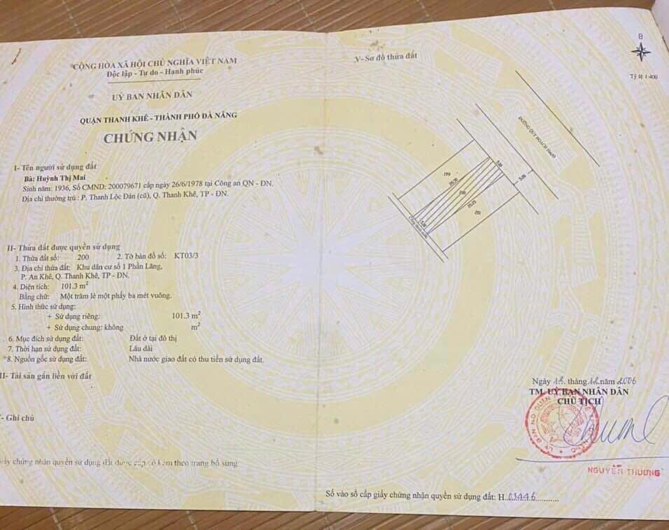 Cần bán nhanh đất 102 m2, hướng Đông-Bắc tại An Khê - Thanh Khê - Đà Nẵng, giá 8,5 tỷ