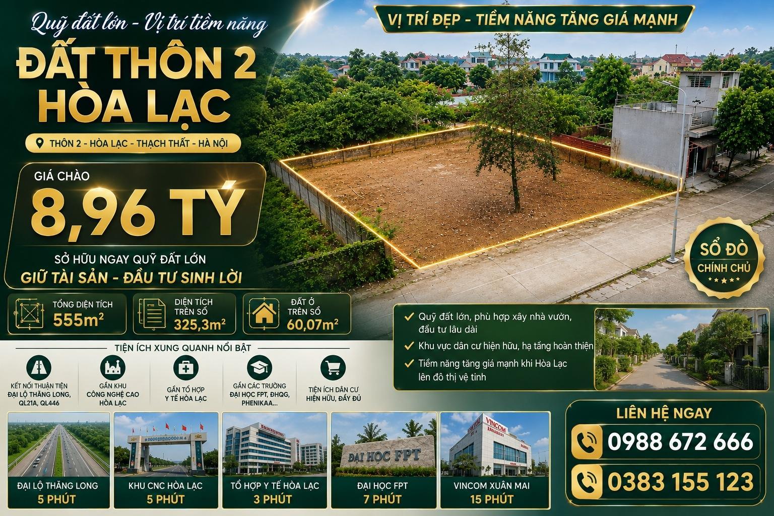 Cần bán ngay đất nền 555 m2, hướng Đông-Nam tại Huyện Thạch Thất - Hà Nội, giá 8,96 tỷ