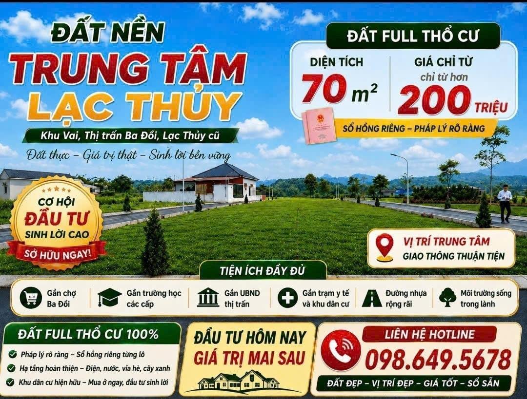 Cần bán gấp lô đất sổ riêng 55 m2 tại Huyện Lạc Thủy - Hòa Bình, giá 280 triệu