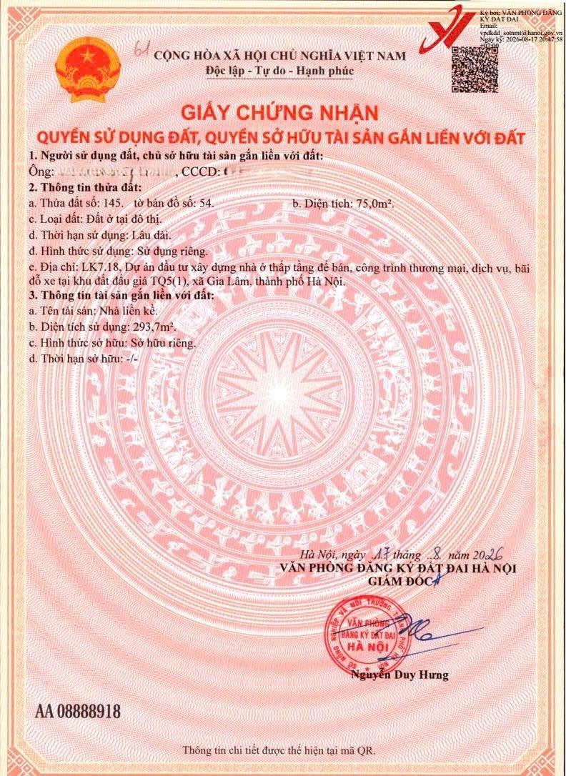 Cần bán nhà 75 m2, hướng Tây-Bắc tại Đường Nguyễn Mậu Tài - Trâu Quỳ - Gia Lâm, giá 13000 tỷ