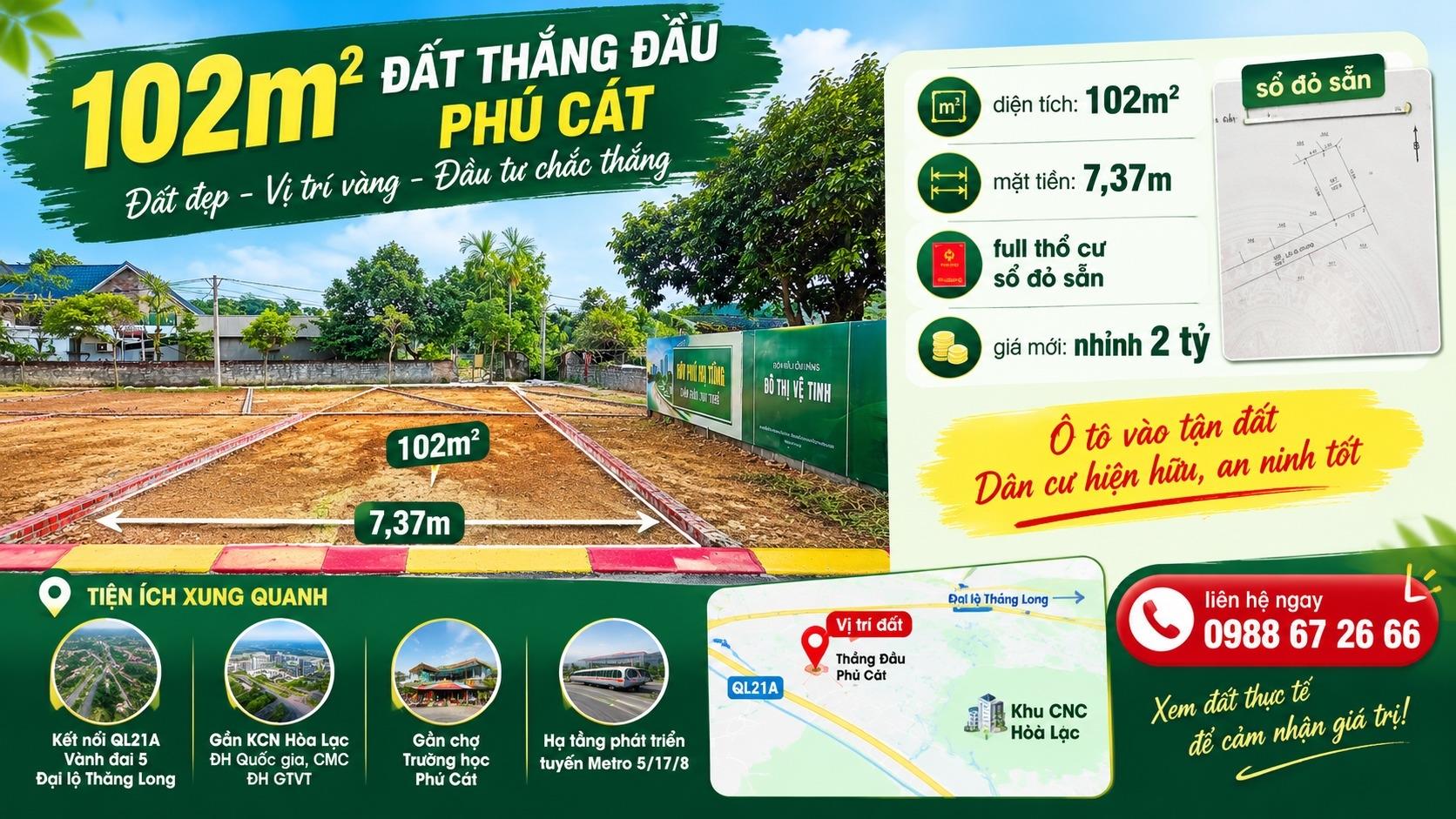 Bán nhanh đất nền 102 m2 tại Xã Hòa Thạch - Quốc Oai - Hà Nội, giá 2,66 tỷ