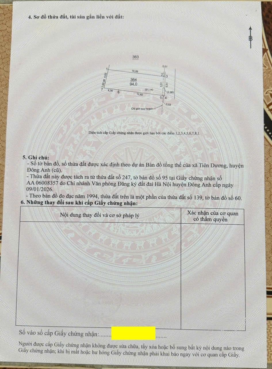 Cần bán ngay lô đất nền 94 m2, hướng Đông-Nam tại Xã Tiên Dương - Đông Anh - Hà Nội, giá 7,52 tỷ