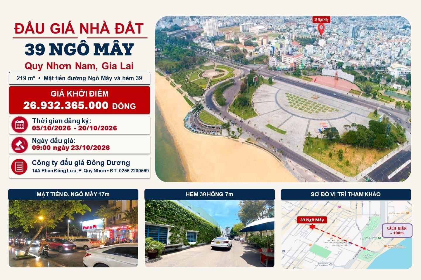 Bán nhanh nhà phố 219 m2, hướng Đông-Bắc tại Đường Ngô Mây - Quy Nhơn, giá 26,93 tỷ