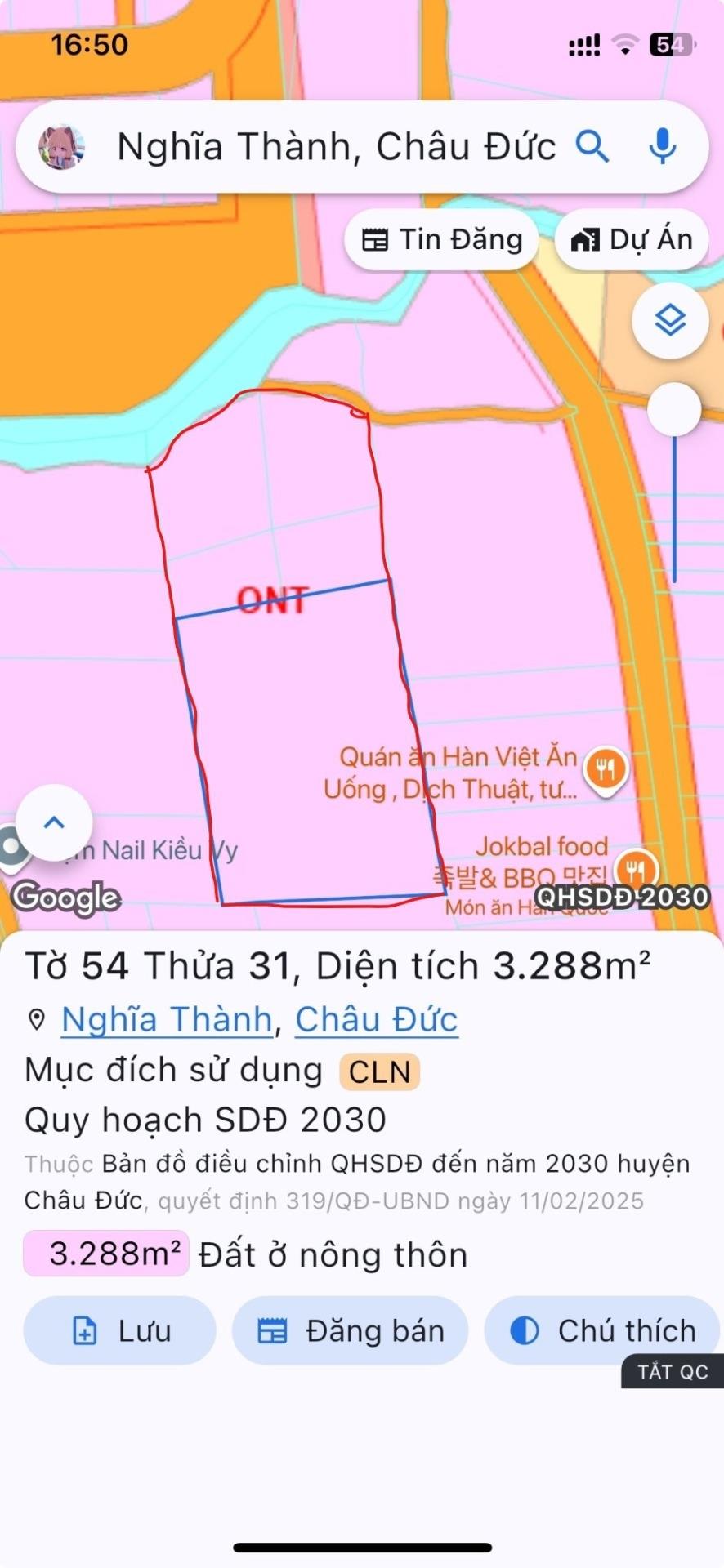 Sở hữu đất nền 5380 m2, hướng Đông-Nam tại Xã Nghĩa Thành - Châu Đức - Bà Rịa Vũng Tàu, giá 8 tỷ